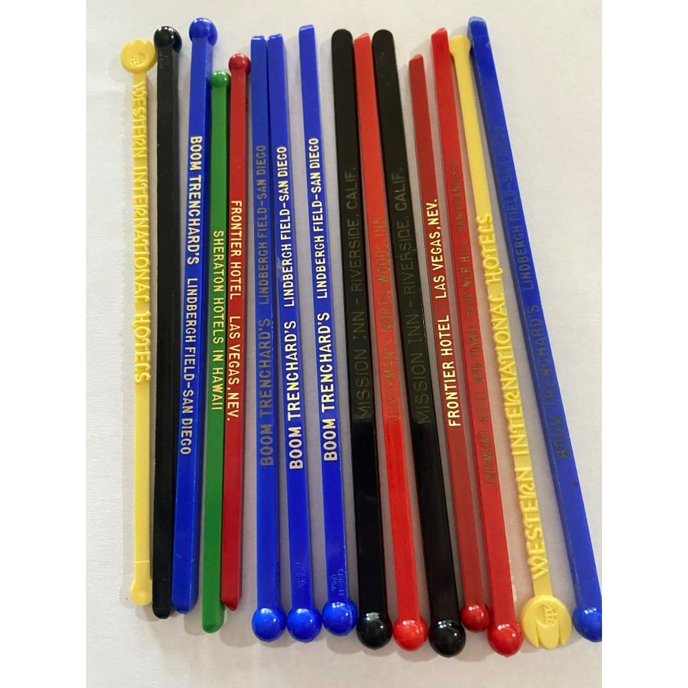 Vintage Various Hotel Swizzle Sticks Lot of 15‎ Assorted Colors